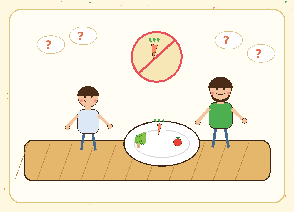 食卓で野菜に苦手意識を持つ子どもと、やさしく見守る親のイラスト